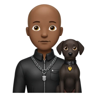 Please create a male character who is dark, bald and hardspm. He is tall well proportioned. He is wearing leather and has a leather dog collar around his neck sticker