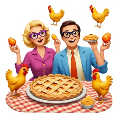 A vintage movie poster-style design featuring a playful, humorous scene with exaggerated characters. Include bright colors, clumsy actions, and classic comedy props like pies, rubber chickens, and oversized glasses. Retro cinematic vibe with a cheerful atmosphere. Transparent background. sticker