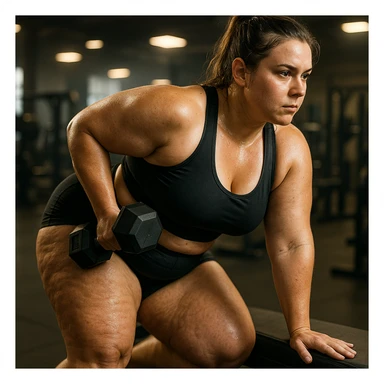 hyper realistic 4K image of a sporty woman exercising in a gym, visible stubborn fat on legs and thighs, detailed skin and muscles, film lighting, motivational atmosphere sticker