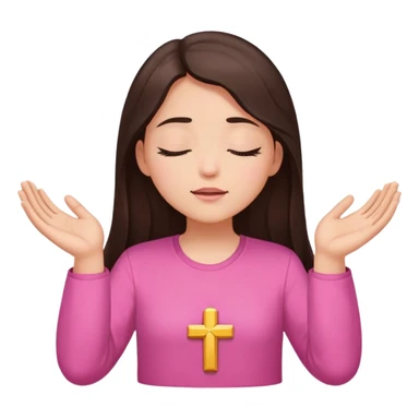 Girl long dark brown hair light medium skin worship God hands lifted eyes closed  pink shirt sticker