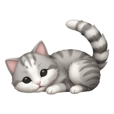 grey and white small cat with eyes closed lying down upside down with paws stretched out straight in different directions sticker