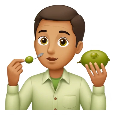 a man eating an olive that has a stock chart on it sticker