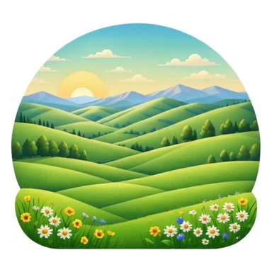 sunlit meadow with rolling hills but no mountains sticker