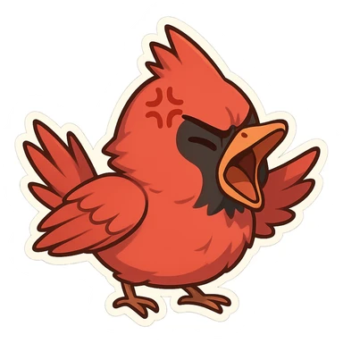 Chibi-style male cardinal yelling with open beak, feathers fluffed, exaggerated anime anger mark above eye. sticker