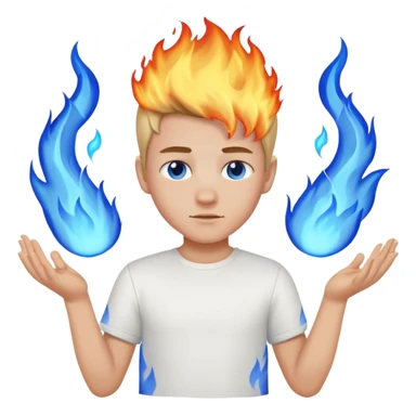 A boy with no hands fire instead made out of fire and blue fire on a white shirt that the boy is wearing  sticker