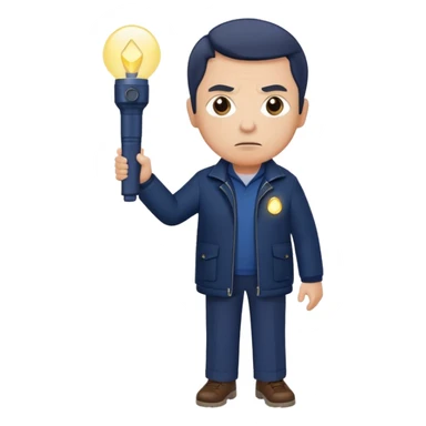 Security, Middle-aged, wearing navy blue jacket, serious facial expression, holding flashlight, full body sticker