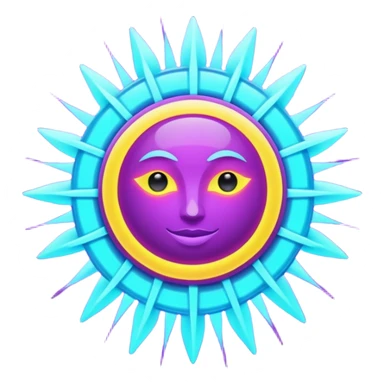 Futuristic glowing sun, neon rays, bright holographic purple and cyan glow, dark background, digital tech style sticker