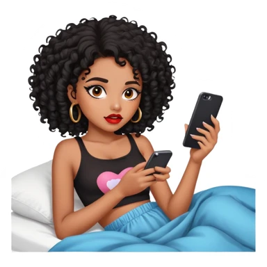 Brown-skinned teenage girl with curly black hair lying on bed looking at phone, heavy makeup, big lips, crop top, choni style sticker