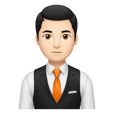groom in white vest, orange tie, black hair sticker