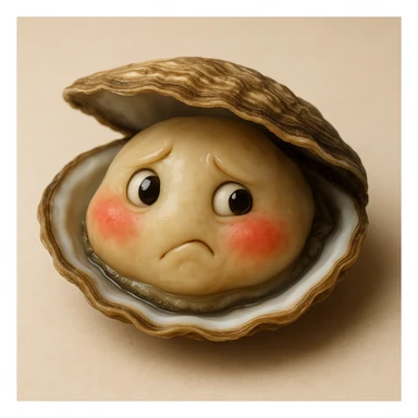A cute oyster with an embarrassed expression, red cheeks, looking sideways, photorealistic style. sticker