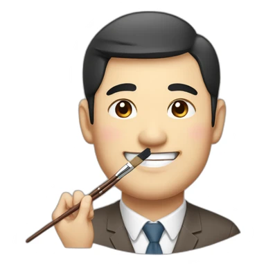 Japanese uncle with a thick round face, slightly droopy eyes, thin eyebrows, large head, cute dark brown hair, holding a brush and pencil, smiling sticker