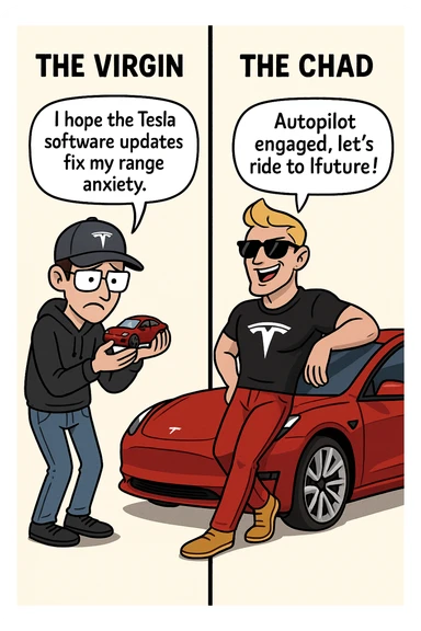 make virgin vs chad meme on tesla fan sticker