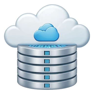 An icon featuring a database server, stacked data disks, and a cloud symbol, representing databases. The design includes binary code, a data structure diagram, and network connections, symbolizing data storage, management, and organization. Transparent background sticker