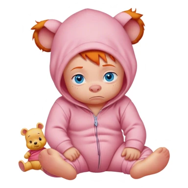 Grumpy ginger baby with blue eyes in onesie with Winnie the Pooh and Piglet on it sticker