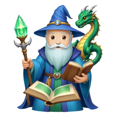 Icon for Fantasy and Sci-Fi Literature: a magical book with glowing pages, surrounded by a dragon, a spaceship, and a wizard with a staff. The icon should capture the adventurous and imaginative world of fantasy and science fiction. Transparent background. sticker