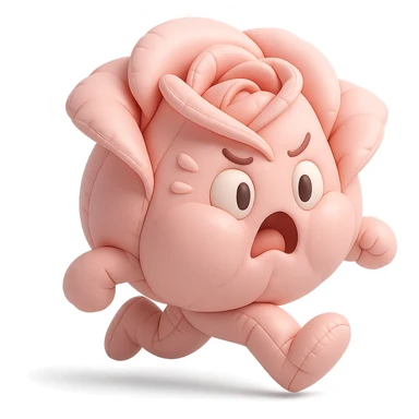 soft pink rose flower with puffed cheeks making a panicked toilet run, eyes bulging, legs dashing, pastel tones, chibi round shape, cushion style sticker