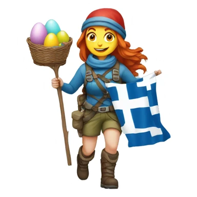 Female winter mountaineer red hair climbing with Greek flag and holding Easter eggs basket sticker