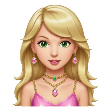 Green eyed smiling Taylor swift with long hair wearing a sparkly pink minidress a pink and goldchoker with gold gemstone chains at the eras tour sticker