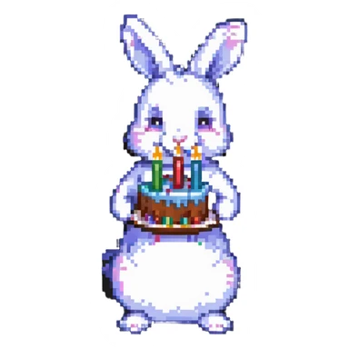 rabbit blowing out birthday cake candles, pixel art style sticker