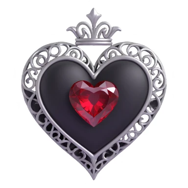 3D emoji gothic heart, black velvet with silver filigree and a deep red gemstone center sticker
