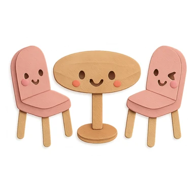 kawaii coffee shop table and chairs set with winking faces, soft pastel hand-drawn illustration sticker