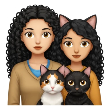 2 mujeres una crespa otra mujer de cabello largo liso negro y 2 gatos uno negro y otro tres colores sticker