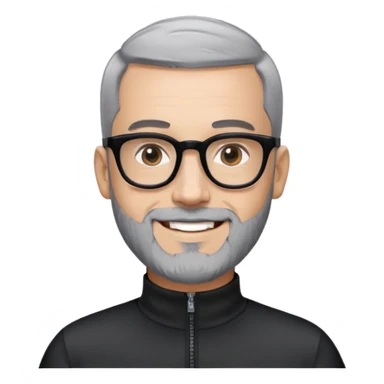 Man with light skin, buzz cut black hair, short peppered gray beard, large black-framed glasses, smiling face, black long sleeve athletic shirt with zippered high neck sticker