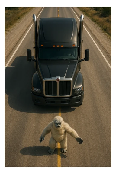 Make the scene more realistic: a tiny abominable snowman on a long road in front of a black 2026 Kenworth W680 flat top semi sleeper, top-down view, realistic style, no text. sticker