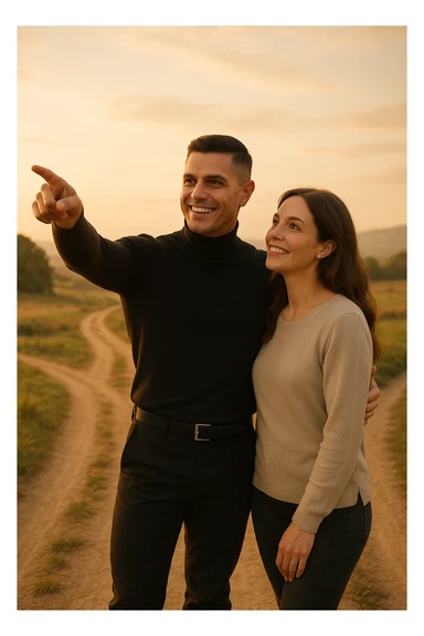 a couple stands at a crossroads, the man pointing confidently toward a direction while the woman looks at him with trust and optimism. Both are illuminated by soft, uplifting light, representing faith in each other’s strengths and the positive outcomes of working together. sticker