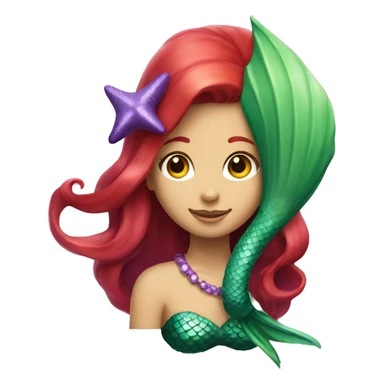 Mermaid with red hair, green tail, and purple seashell top sticker