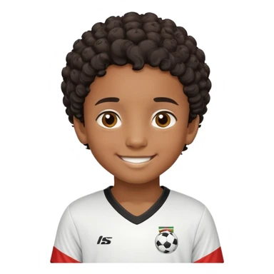 "- Nam
- 10 tuổi
- Da nâu
- Tóc ngắn, xoăn, đen
- Cười tươi
- Mặc áo bóng đá sticker