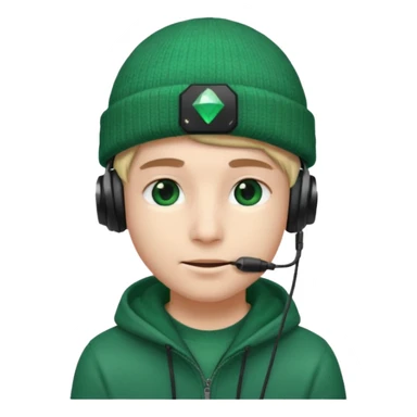 garcon avec un bonnet avec un emeraude dessus et un casque gaming sticker