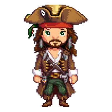 pixel art Jack Sparrow, pirate captain, simplified pirate outfit, tricorn hat, signature beard sticker