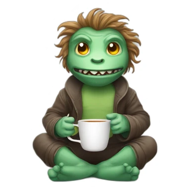 A cartoony creature sitting on floor with a cup of tea motioning  and beckoning the viewer to sit next to him sticker