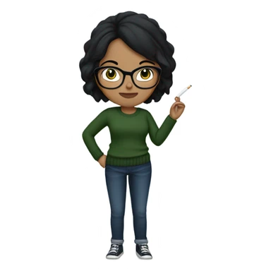 A girl smoking a cigarette with black hair, glasses, hazel eyes and a navy green sweater on with jeans sticker