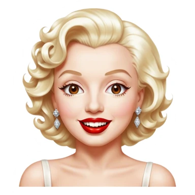 Cinematic Realistic Marilyn Monroe Emoji, featuring a glamorous, high-detail portrayal of the legendary Hollywood star. Her iconic platinum curls, radiant smile, and signature red lips are illuminated by dramatic, vintage-style lighting, evoking the timeless allure of classic cinema. sticker