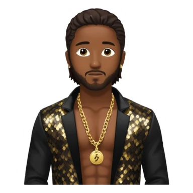 Omarion with long dark brown hair, black sequin jacket, shirtless with necklace sticker