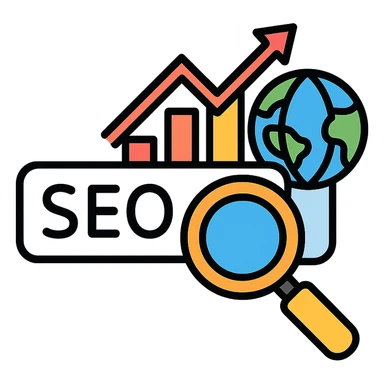 magnifying glass, upward graph, globe, search bar, modern clean style SEO related emoji sticker