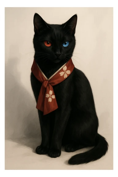Ryougi Shiki reimagined as a sleek black cat with heterochromatic eyes, wearing a small kimono scarf sticker