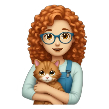 a pretty girl with curly copper hair and blue glasses hugging a cat sticker