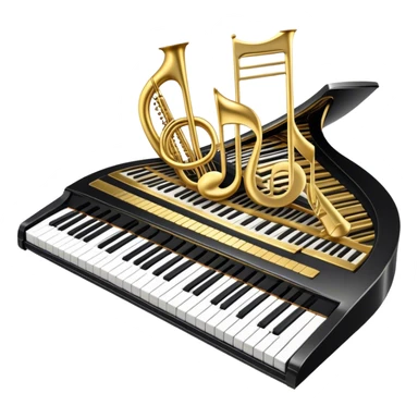 Create an elegant and festive emoji collage representing keyboard instruments, styled like a heraldic emblem. The design should feature a central focal point of black and white piano keys, arranged in a semi-circular or shield-like shape. Around the piano keys, add intertwining musical notes that form flowing ribbons, creating a dynamic and celebratory atmosphere. The design should be professional, with polished silver and gold accents on the keys and notes, highlighting the luxury and sophistication of the instruments. Add subtle shading and lighting effects to give the design a refined, 3D appearance. The background should remain transparent, and the overall feel should evoke grandeur, artistry, and a sense of celebration. sticker