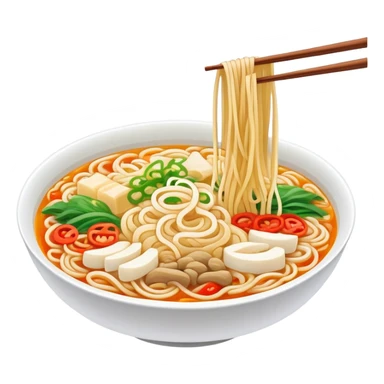 Yunnan over-the-bridge rice noodles with separate ingredients, simplified emoji style with bold outlines and bright colors, cartoon style Chinese noodle dish sticker