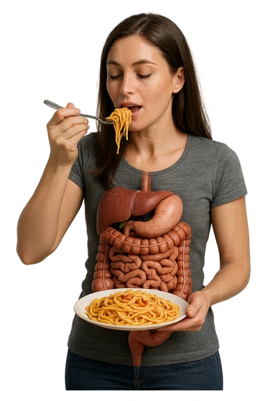 donna con intestino umano anatomico in evidenza che mangia un piatto di pasta, iperrealistico 4k sticker