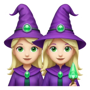 Make a blonde girl with green glowing headset on with teal eyes and a purple haired girl with green eyes waering a purple wit hes hat haveing fun , make them a chibi emoji page sticker