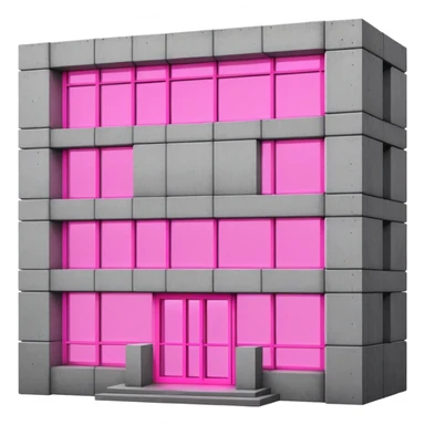 Concrete block building in brutalist style with one pink neon window and several standard windows sticker