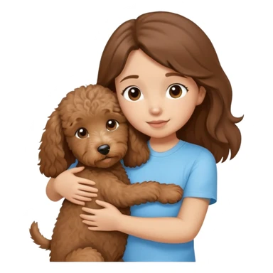 One girl with medium long brown hair dressing baby blue T-shirt, hugging One little brown coated labradoodle. sticker