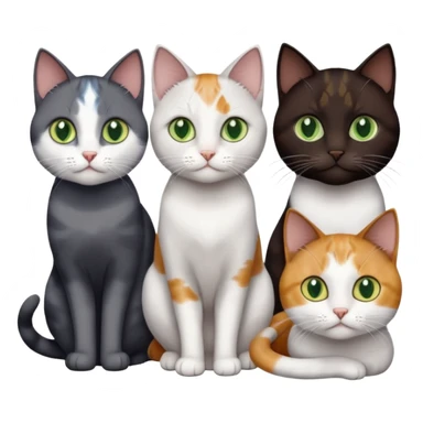 4 different coloured short haired cats including; a dark brown and white cat, and a dark grey and white, and a calico sticker