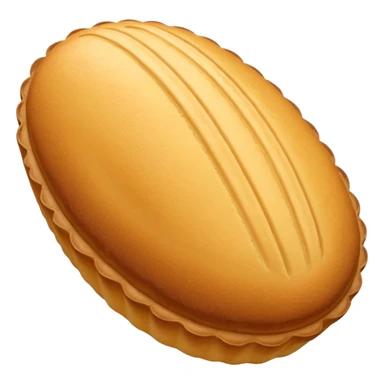 A madeleine pastry. Oval shaped with vertical lines going in the same direction as the oval. Light golden brown. Scalloped edge. Cookie. sticker