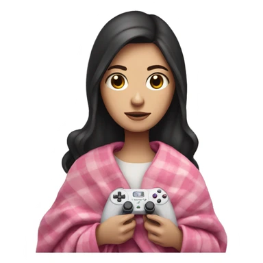 White girl with dark hair wrapped up in a blanket with a pink gaming controller in her hands sticker