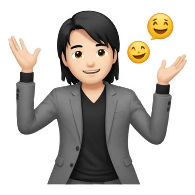 asian young man with long black hair falling on the forehead in grey blazer and black t-shirt smiling  sticker